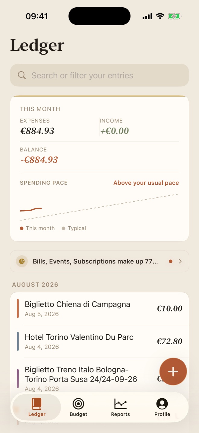 The main screen: the month's expenses, income and balance, the spending pace against a typical month, and the most recent entries.